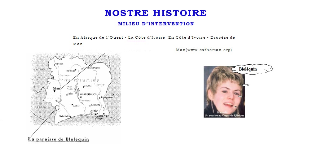 Document historique : carte de la Côte d’Ivoire et photo « Un sourire au Cœur de l’Afrique » localisant Bloléquin